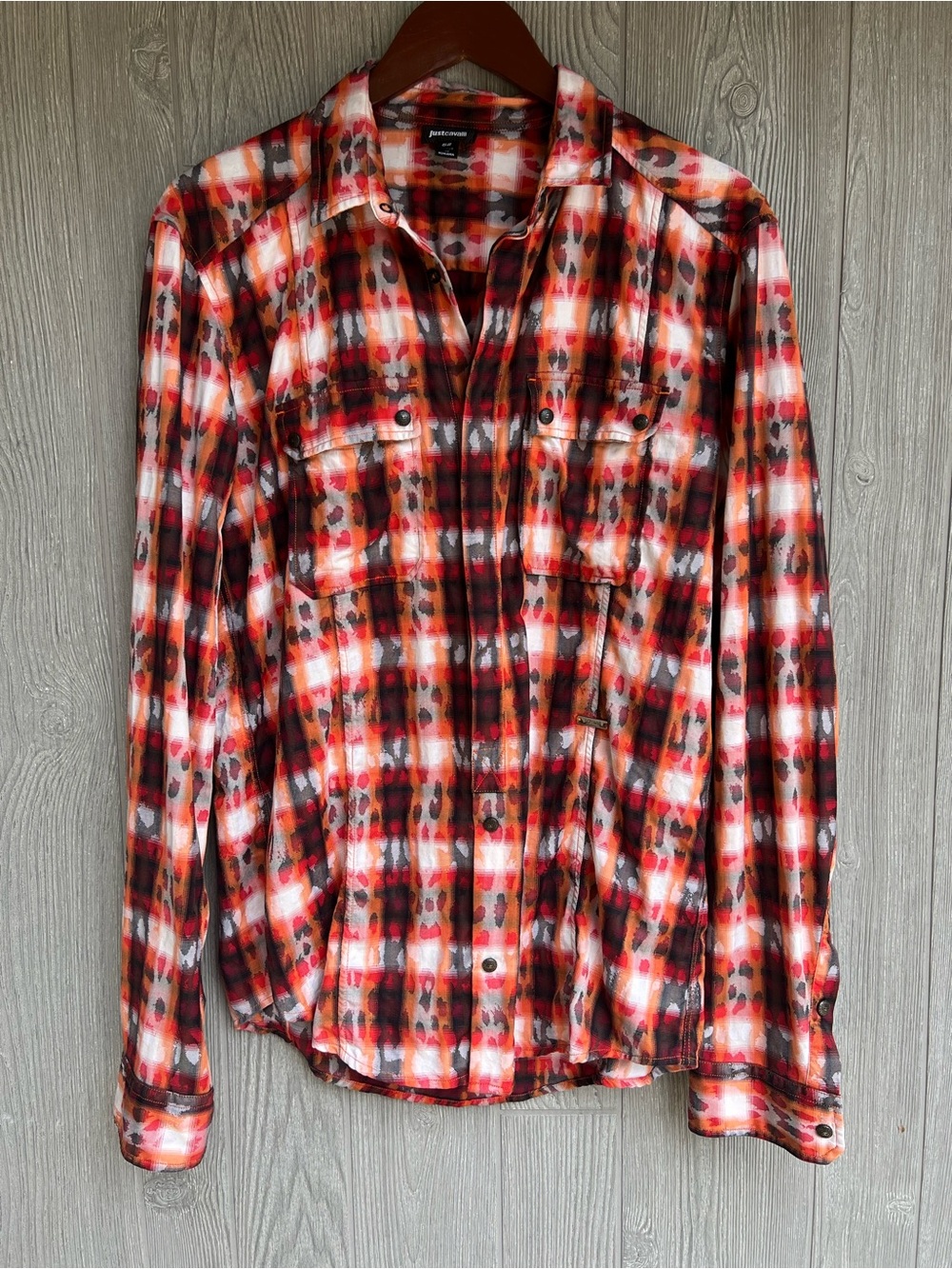 Just Cavalli Plaid Western Button Front Shirt 52 XL Red Orange Animal Print